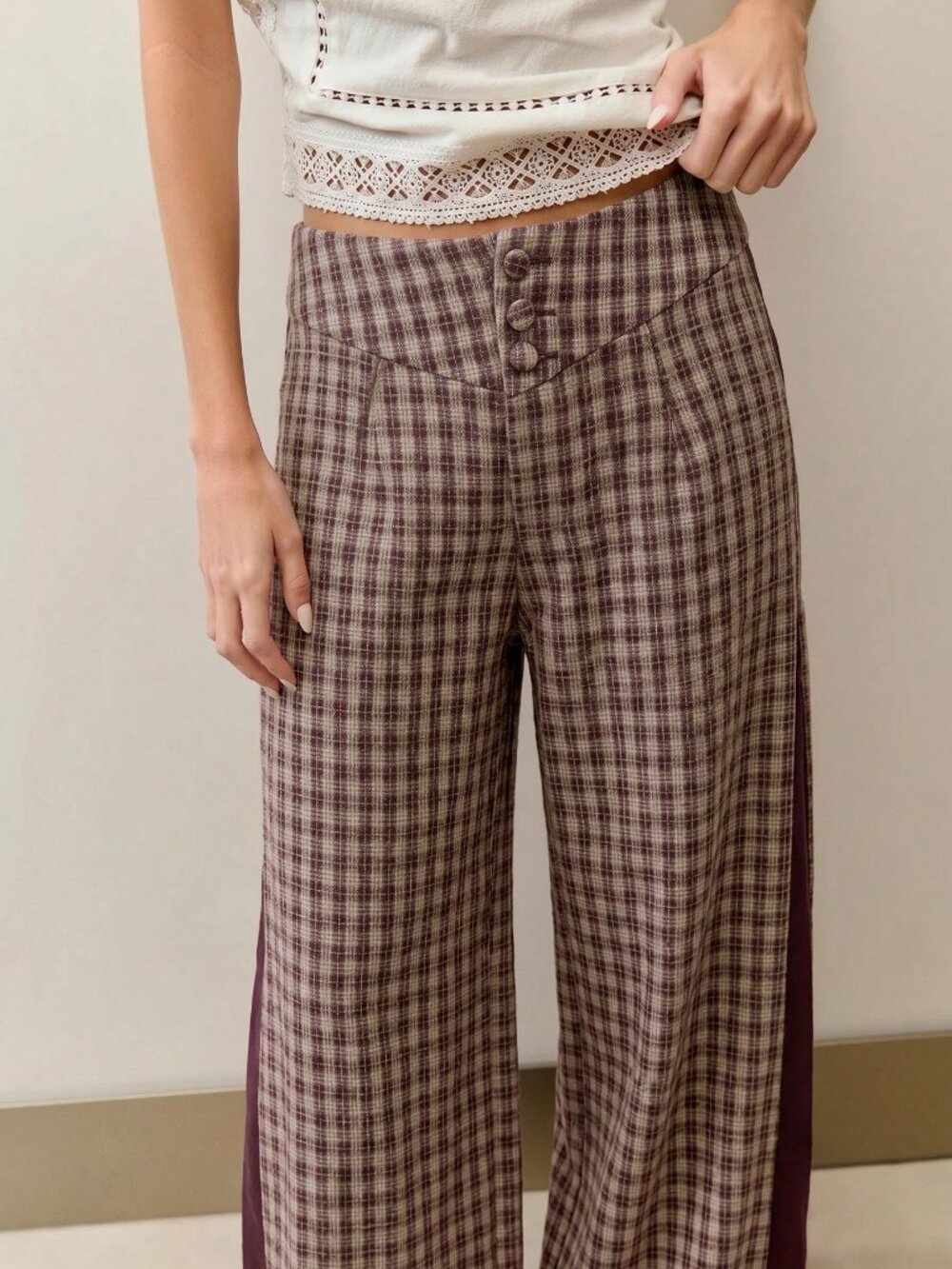 Brown Casual Women's Plaid High Waisted Wide-Leg Relaxed Fit Loose Trousers - Picture 3 of 8